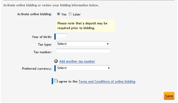 Activate online bidding in an existing account