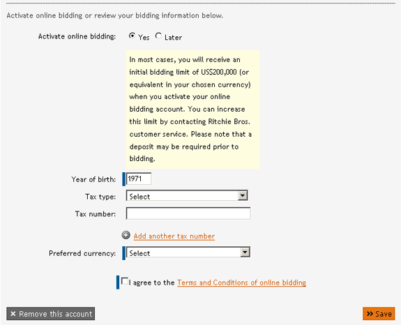 Activate online bidding in an existing account