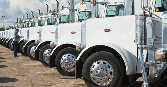 Peterbilt trucks lined up in the Ritchie Bros. auction yard.