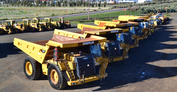 Heavy Equipment in auction yard. Equipment lined up in Ritchie Bros. Geelong auction yard.