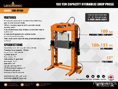 Unused 2025 LANDHONOR LHR-SP100 (Unused) Shop Press Unused 2025 LANDHONOR LHR-SP100 (Unused) Shop Press