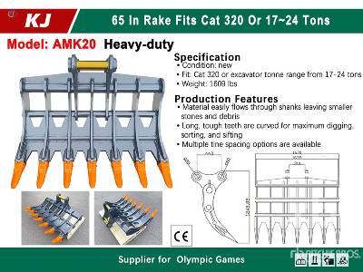 Unused 2025 KJ  AMK20  65 in - Fits Cat 320 / 17 - 24  ...  Excavator Rake