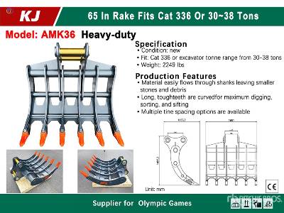 Unused 2025 KJ  AMK36  65 in - Fits Cat 336 / 30 - 38  ...  Excavator Rake