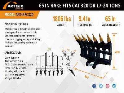 Unused 2025 ARTEER ART-RFC320 65 in - Fits Cat 320 / 17 - 24 ... Excavator Rake Unused 2025 ARTEER ART-RFC320 65 in - Fits Cat 320 / 17 - 24 ... Excavator Rake
